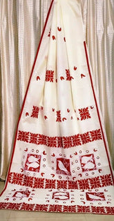 Saree_bengal_handloom_taant_applique_hand painting_red_white_festive_S10723 - Saree - Aakritee - S10723